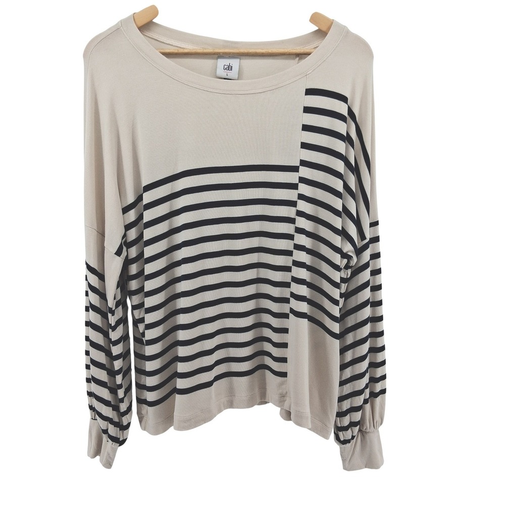 Cabi Cream Navy Striped Dolman Sleeve Top Large Coastal Nautical Balloon Sleeve